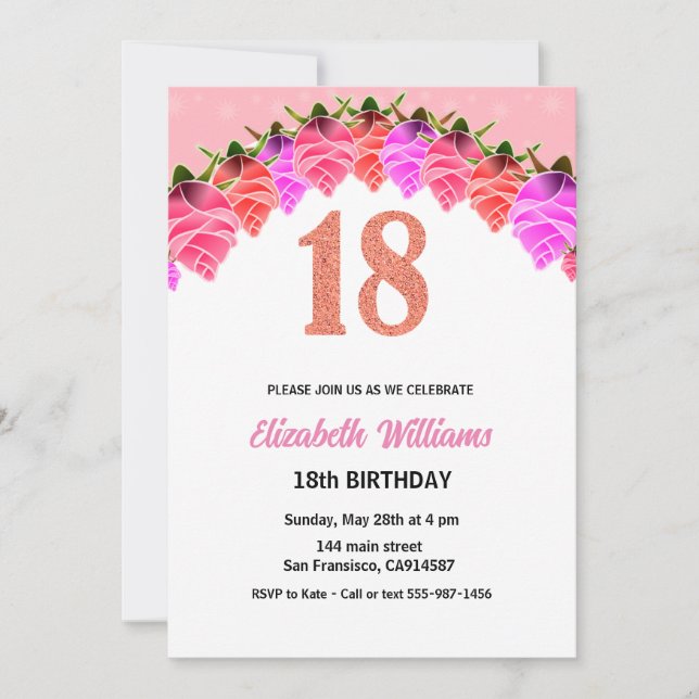 18e anniversaire Floral Rose Gold Invitation (Devant)