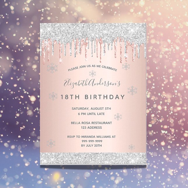 18e anniversaire hiver argent rose rose invitation (Créateur téléchargé)