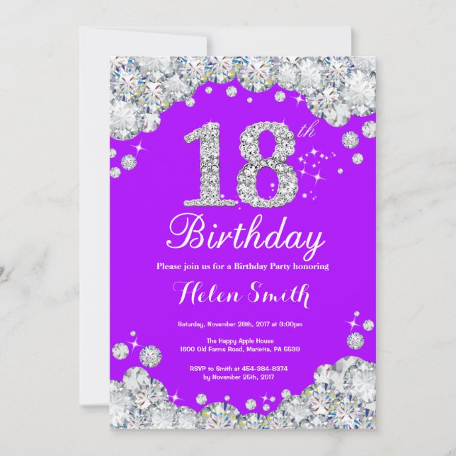 18e anniversaire Invitation Diamant mauve et argen (Devant)