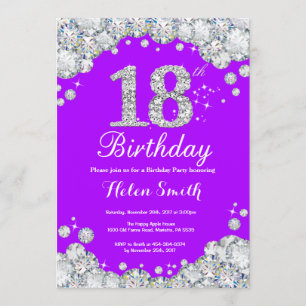 18e anniversaire Invitation Diamant mauve et argen