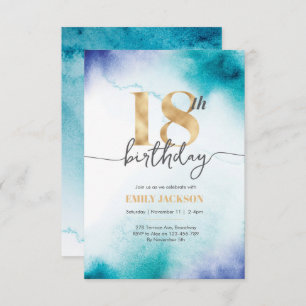 18e anniversaire Invitation d'or d'aquarelle turqu