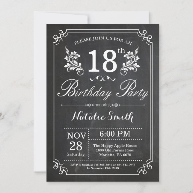 18e anniversaire Invitation Floral Chalkboard (Devant)