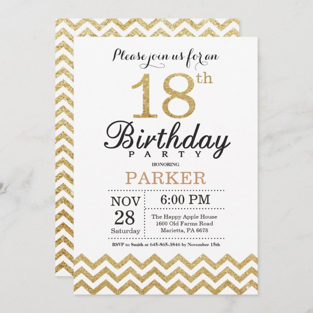 18e anniversaire Invitation Gold Parties scintilla (Devant / Derrière)