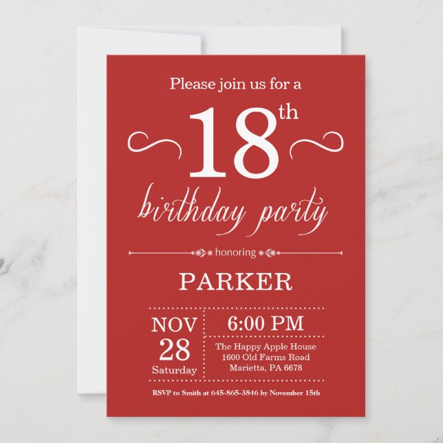 18e anniversaire Invitation rouge (Devant)