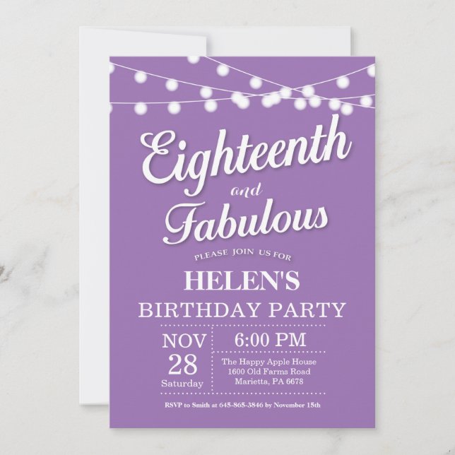 18e anniversaire Invitation violette fabuleuse (Devant)