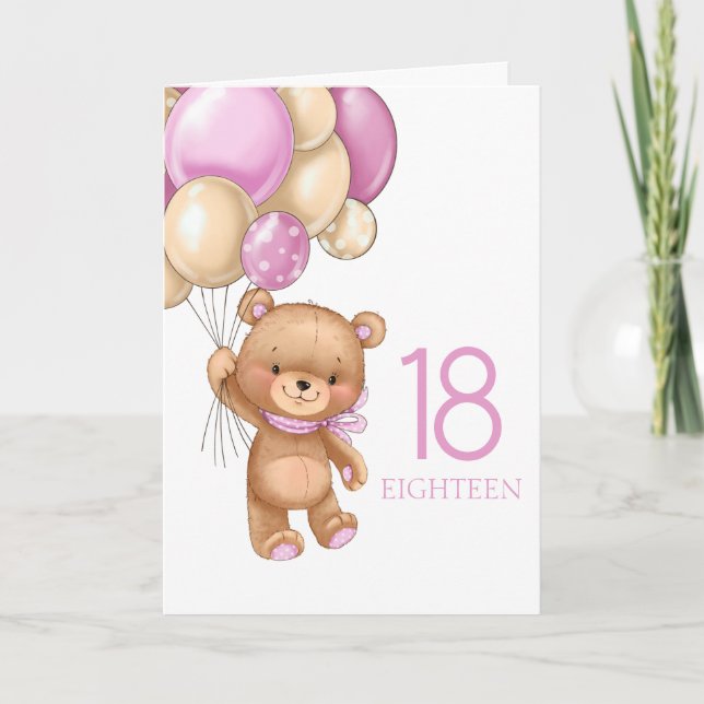 18e anniversaire mignon ballons roses fille carte  (Devant)