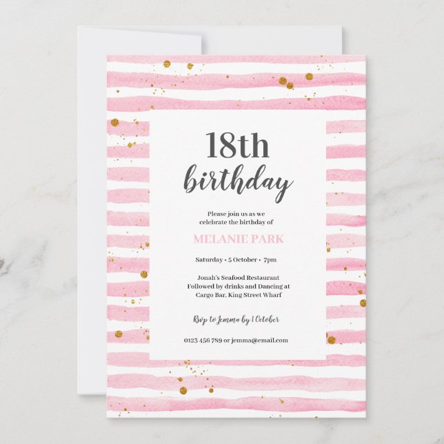 18e anniversaire Pink Stripe Party Invitation (Devant)