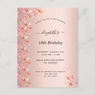 18e anniversaire rose or rose invitation florale