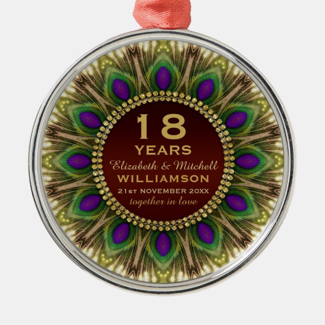 18th Anniversary Peacock Feather Mandala Memento Metal Ornament (Front)