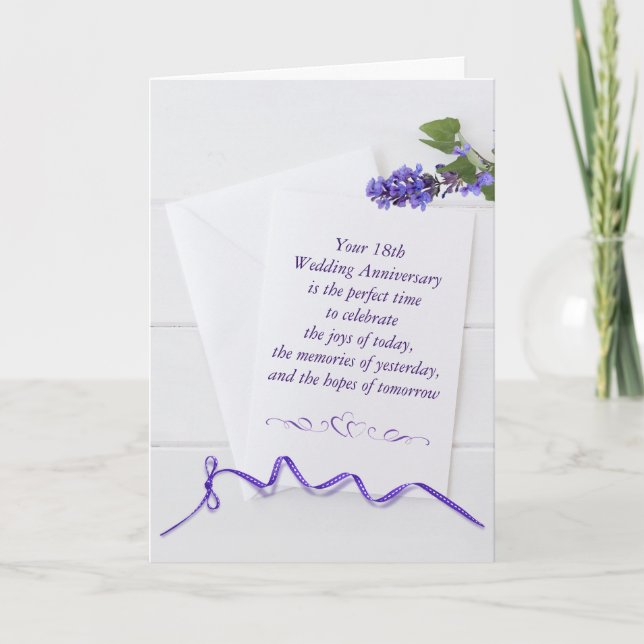18th Anniversary Purple Flowers On White Wood   Card (Front)