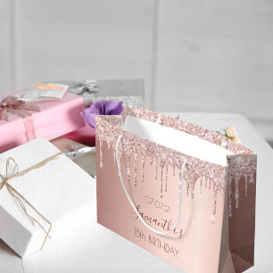 18th birthday 18 rose gold glitter drips pink large gift bag