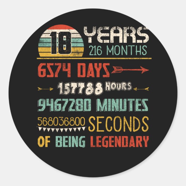18th Birthday 216 Months Vintage Retro 18 Years Classic Round Sticker (Front)