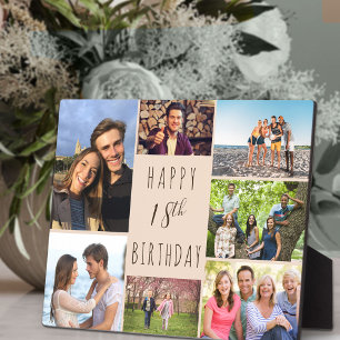 18th Birthday 7 Photo Collage Neutral Beige Brown Plaque