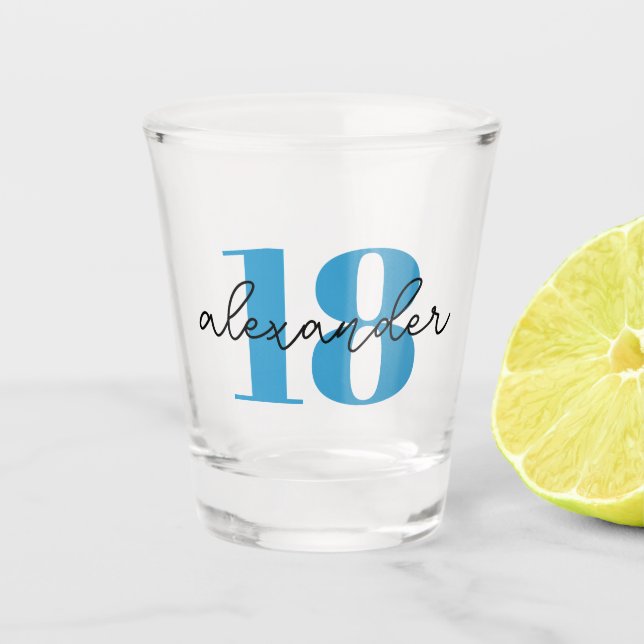 18th birthday age modern script first name shot glass (Front)