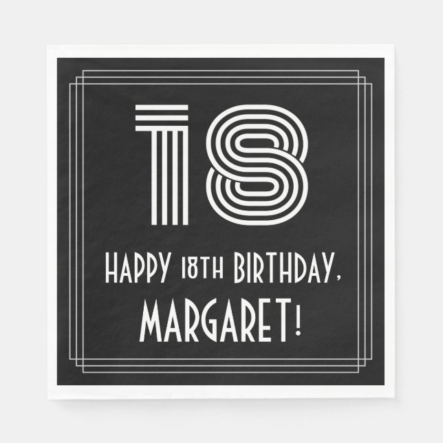 18th Birthday: Art Deco Inspired Look "18" + Name Napkin (Front)