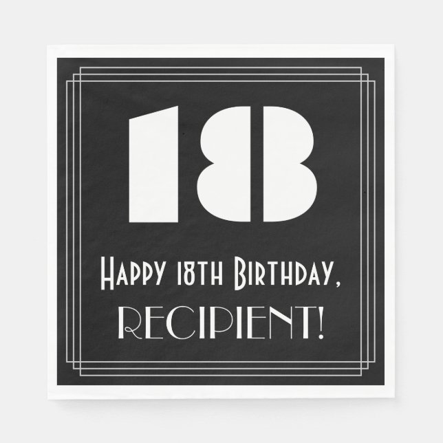 18th Birthday: Art Deco Inspired Look "18" + Name Napkin (Front)