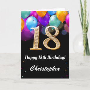 18th Birthday Black and Gold Colourful Balloons Card