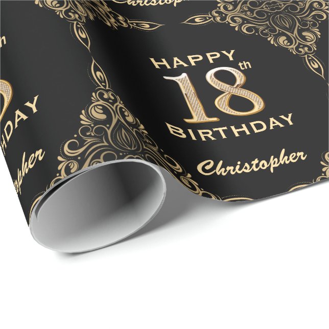 18th Birthday Black and Gold Glitter Frame Wrapping Paper (Roll Corner)