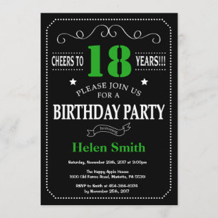 18th Birthday Black and Green Chalkboard Invitation