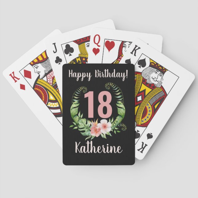 18th birthday black blush pink floral playing cards (Back)