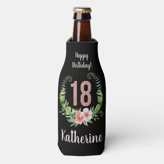 18th birthday black floral bottle cooler (Bottle Front)