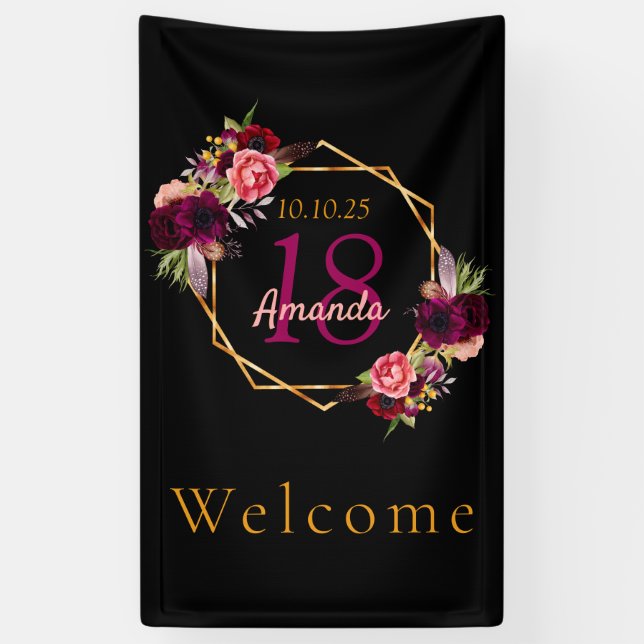 18th birthday black floral gold geometric burgundy banner (Vertical)