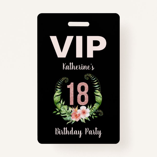 18th birthday black floral VIP Badge (Front)
