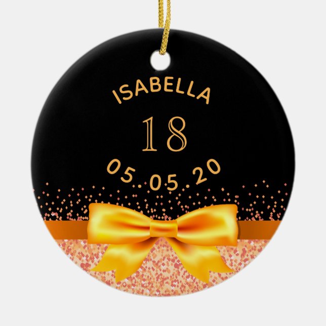 18th birthday black gold bow name ceramic ornament (Front)