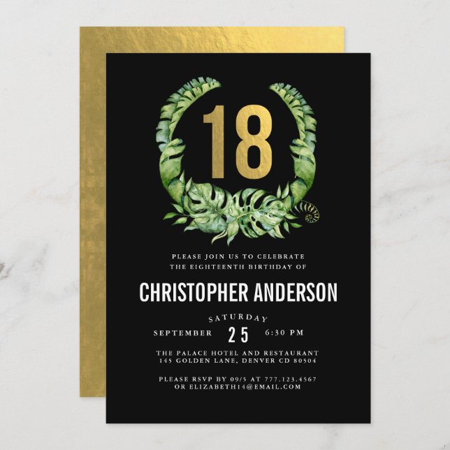 18th birthday black gold boys invitation (Front/Back)