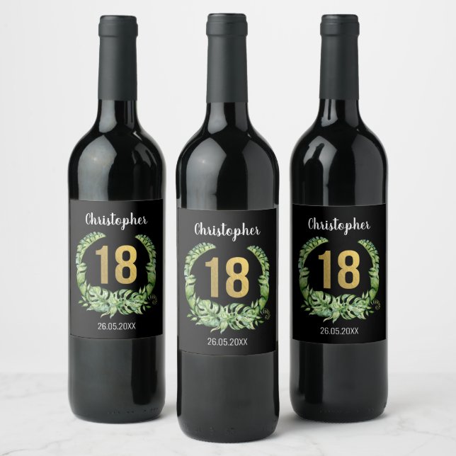 18th birthday black gold boys name wine label (Bottles)