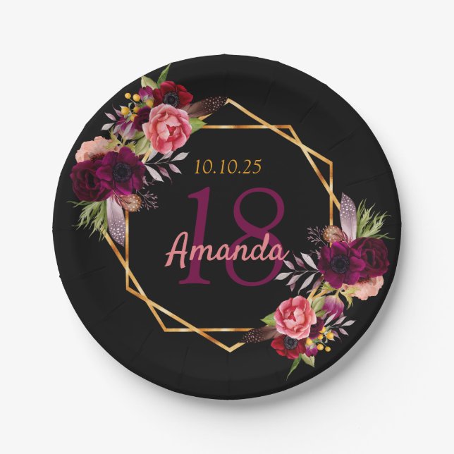 18th birthday black gold  geo floral burgundy paper plate (Front)