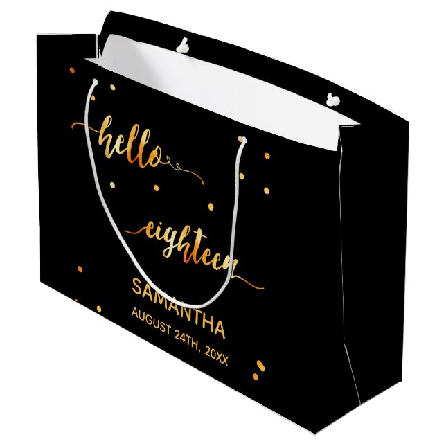 18th birthday black gold hello 18 typography name large gift bag (Back Angled)