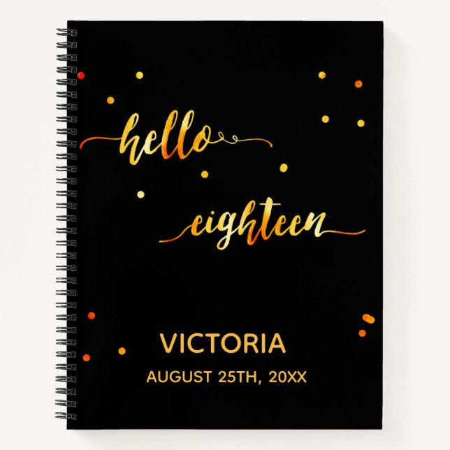 18th birthday black gold hello 18 typography name notebook (Front)