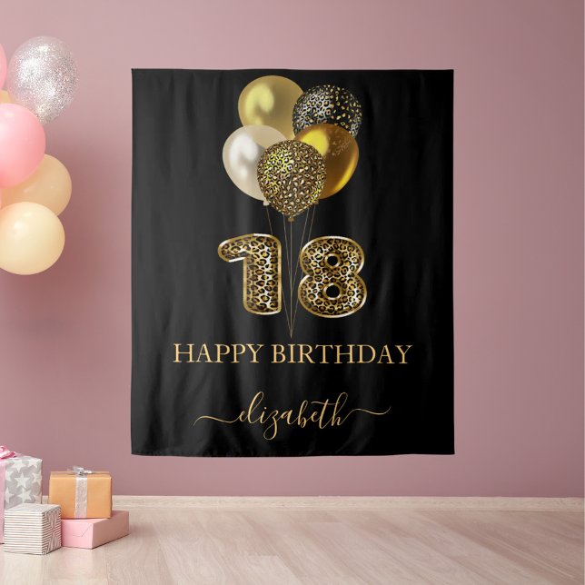 18th birthday black gold leopard name script tapestry (Creator Uploaded)