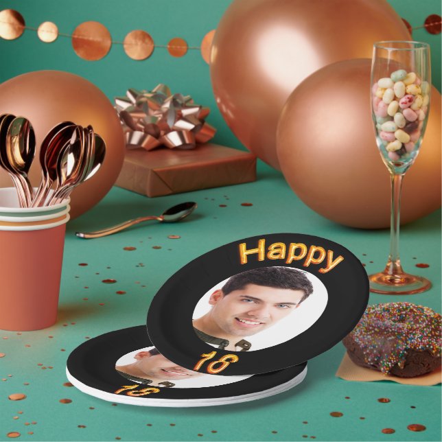 18th birthday black gold photo boy paper plate (Multi)