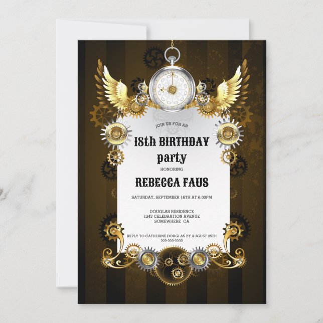 18th Birthday Black Gold Steampunk Watch Gears Invitation (Front)