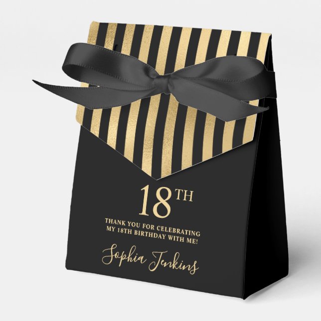 18th Birthday Black Gold Striped Thank You Favor Box (Front Side)
