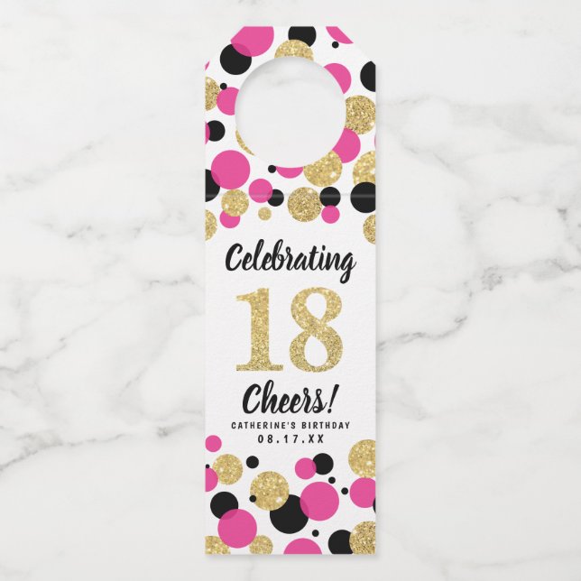 18th Birthday Black Hot Pink Gold Glitter Confetti Bottle Tag (Front)
