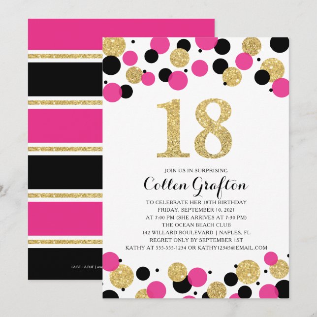 18th Birthday Black Hot Pink Gold Glitter Confetti Invitation (Front/Back)