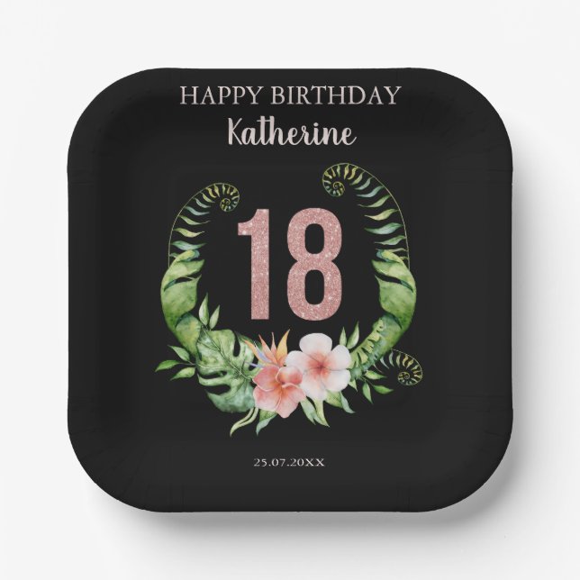 18th Birthday black rose gold glitter floral Paper Plate (Front)