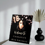 18th Birthday black rose gold photo star welcome Pedestal Sign<br><div class="desc">A welcome sign for a girly and glamourous 18th birthday party.  A classic black background decorated with rose gold stars.  Personalize and add a photo and name.  Number 18 is written with a balloon style font.</div>