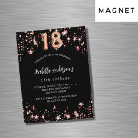 18th birthday black rose gold stars luxury magnetic invitation<br><div class="desc">A classic black background,  decorated with rose gold stars. Personalize and add a name and party details. Number 18 is written with a balloon style script.</div>