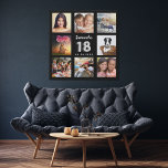 18th birthday black silver custom photo collage faux canvas print<br><div class="desc">A unique gift for a girl's 18th birthday, celebrating her life with a collage of 8 of your own photos, pictures. Personalize and add her name and a date. A chic black background. The name is written with a modern hand lettered style script, number 18 with a faux silver balloon...</div>