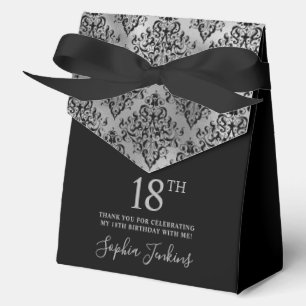 18th Birthday Black Silver Damask Thank You  Favor Box