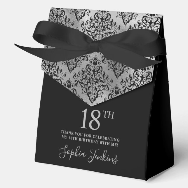 18th Birthday Black Silver Damask Thank You  Favor Box (Front)