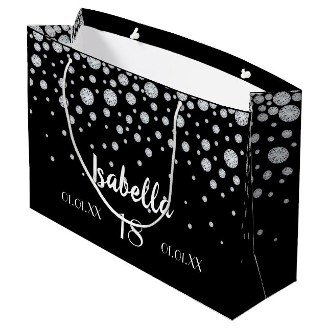 18th birthday black silver diamonds name large gift bag (Back Angled)