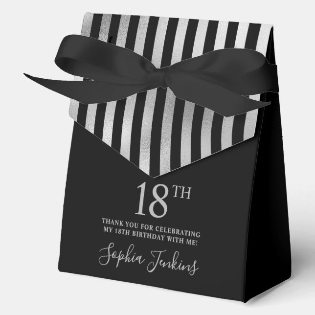 18th Birthday Black Silver Striped Thank You  Favor Box (Front)
