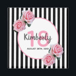 18th birthday black stripes pink florals magnet<br><div class="desc">A magnet for a 18th birthday party. Classic slim black and white vertical stripes as background. With girly and feminine pink roses as decoration. A white and pink frame on front with template for age, name and date. Age number in pink, name and date in black. The name is written...</div>