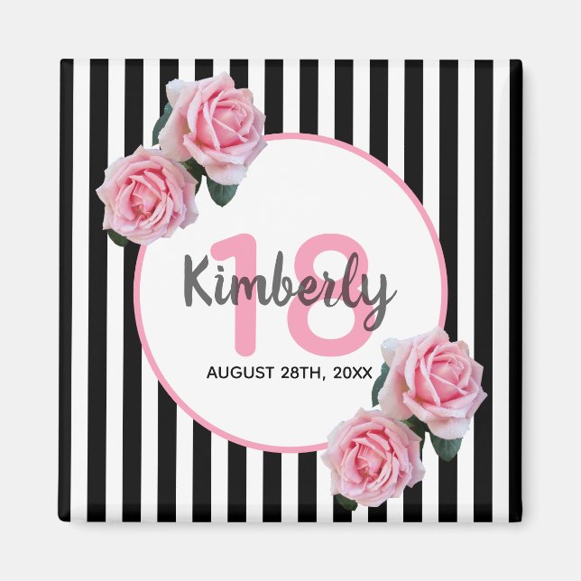 18th birthday black stripes pink florals magnet (Front)