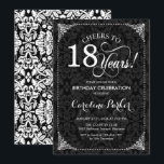18th Birthday - Black White Damask Invitation<br><div class="desc">18th Birthday Invitation
Elegant vintage black and white design with damask pattern. Features script font. Cheers to 18 years! Can be personalized into any age! Message me if you need further customization.</div>